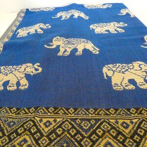 Silk Cashmere Scarf Blue Black Thailand Silver Embossed Elephants Lucky Pashmina